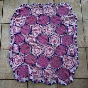 Vintage Granny Hexagon Afghan Throw Blanket 32x39 Pink Purple Crochet